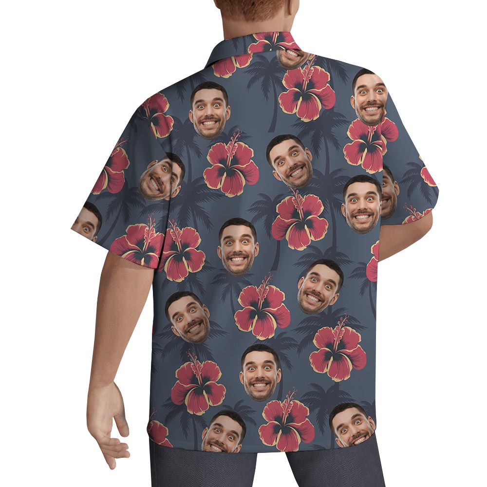 Personalized Red Hibiscus Button Hawaiian Shirt With Your Face