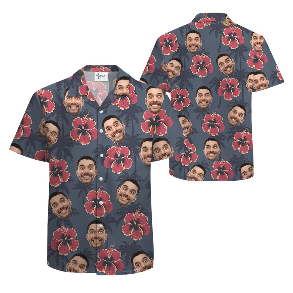 Personalized Red Hibiscus Button Hawaiian Shirt With Your Face
