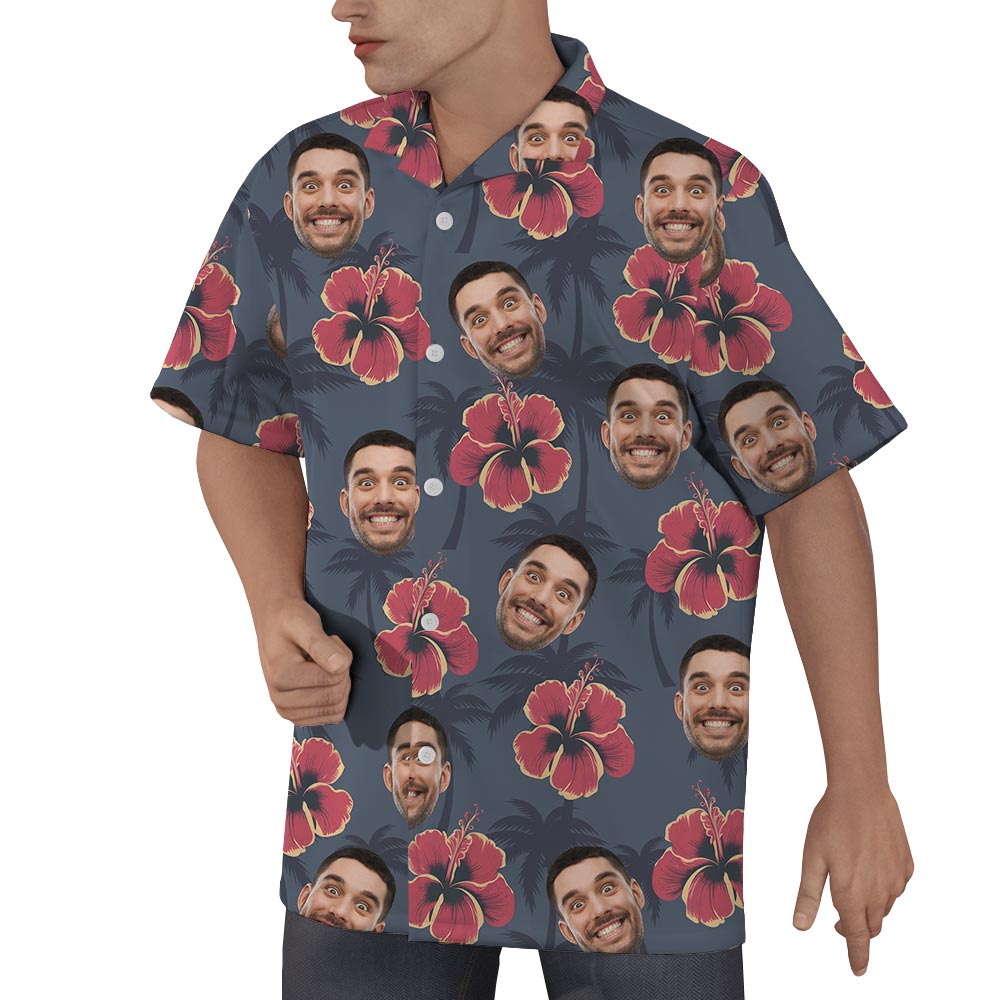 Personalized Red Hibiscus Button Hawaiian Shirt With Your Face