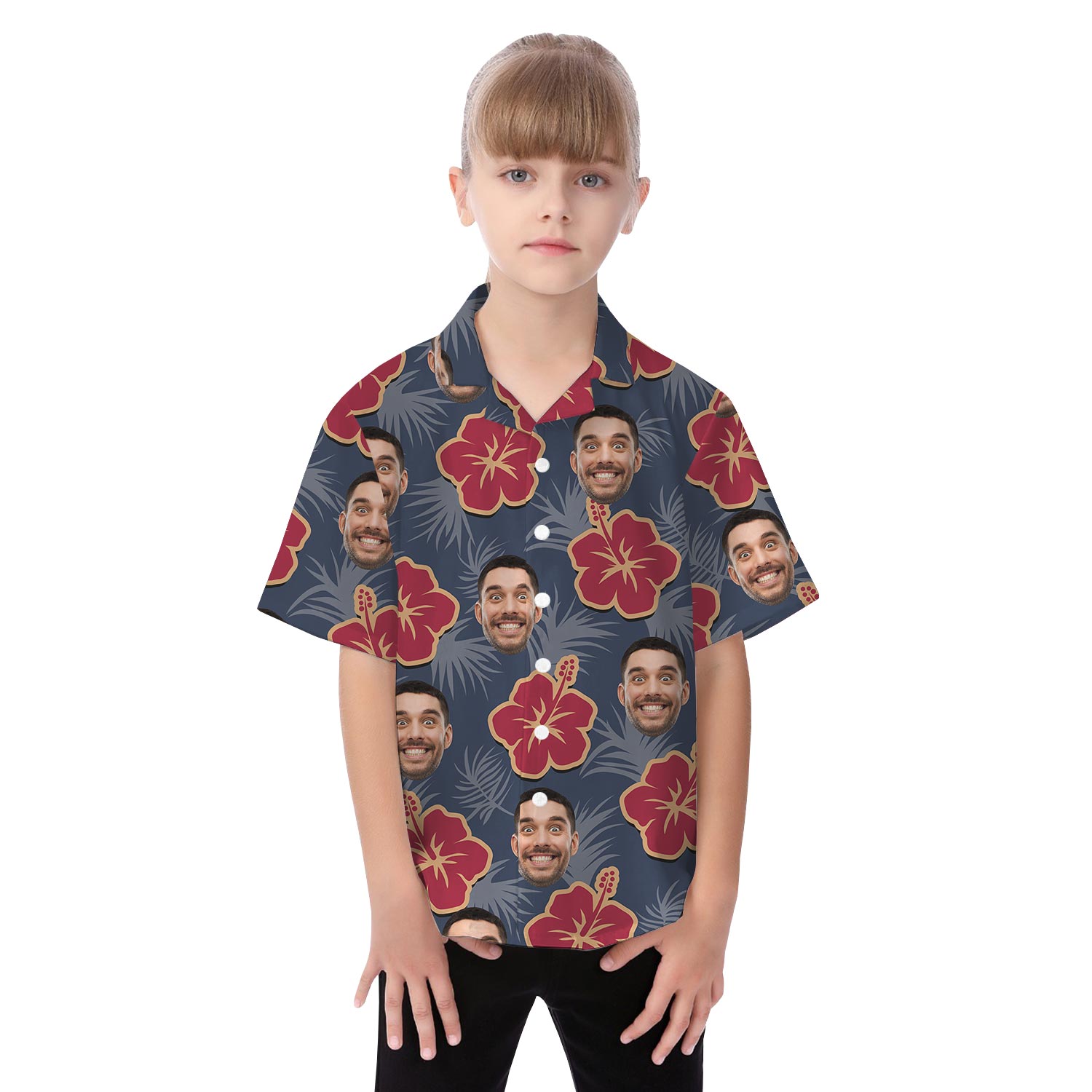 Custom Face Navy Hibiscus Hawaiian Shirt And Dress Matching For Family