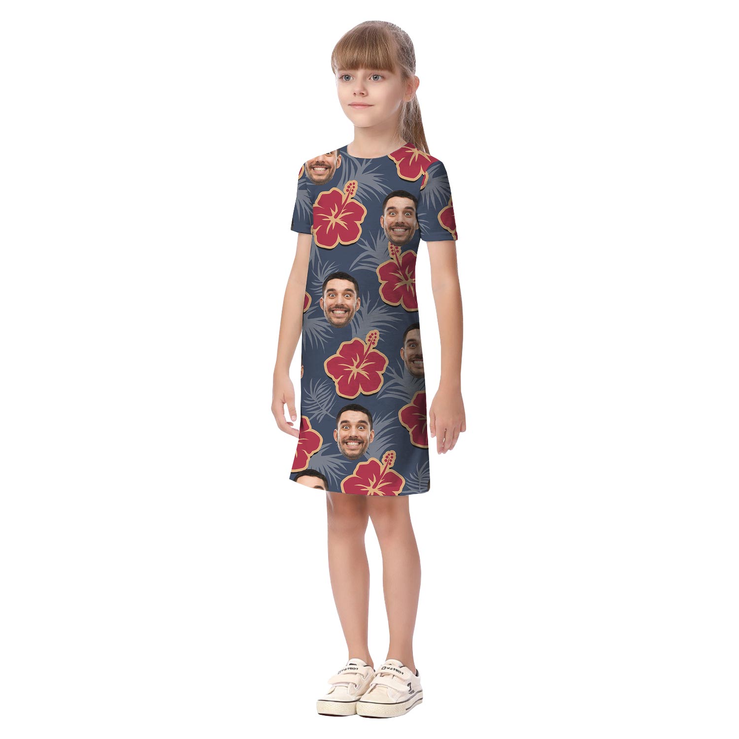 Custom Face Navy Hibiscus Hawaiian Shirt And Dress Matching For Family