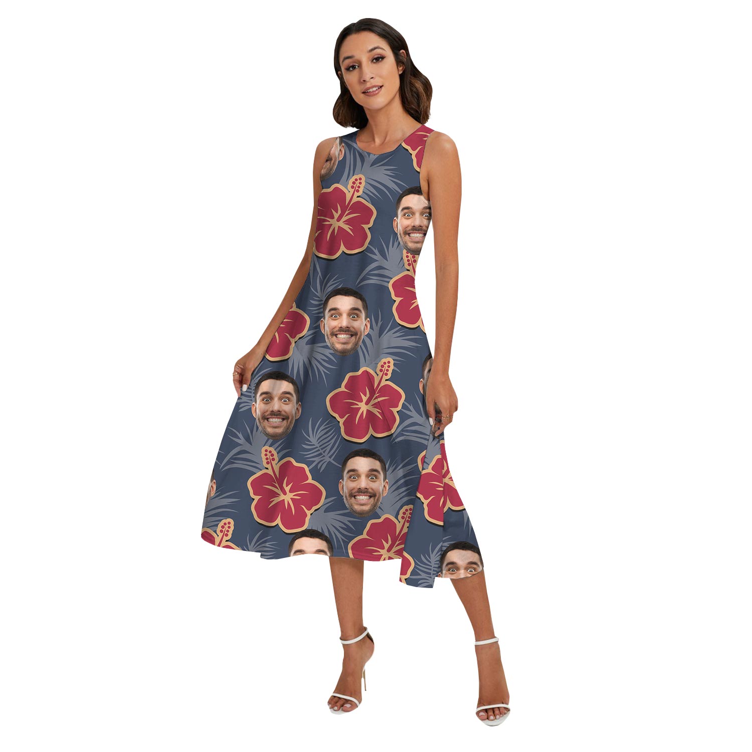 Custom Face Navy Hibiscus Hawaiian Shirt And Dress Matching For Family