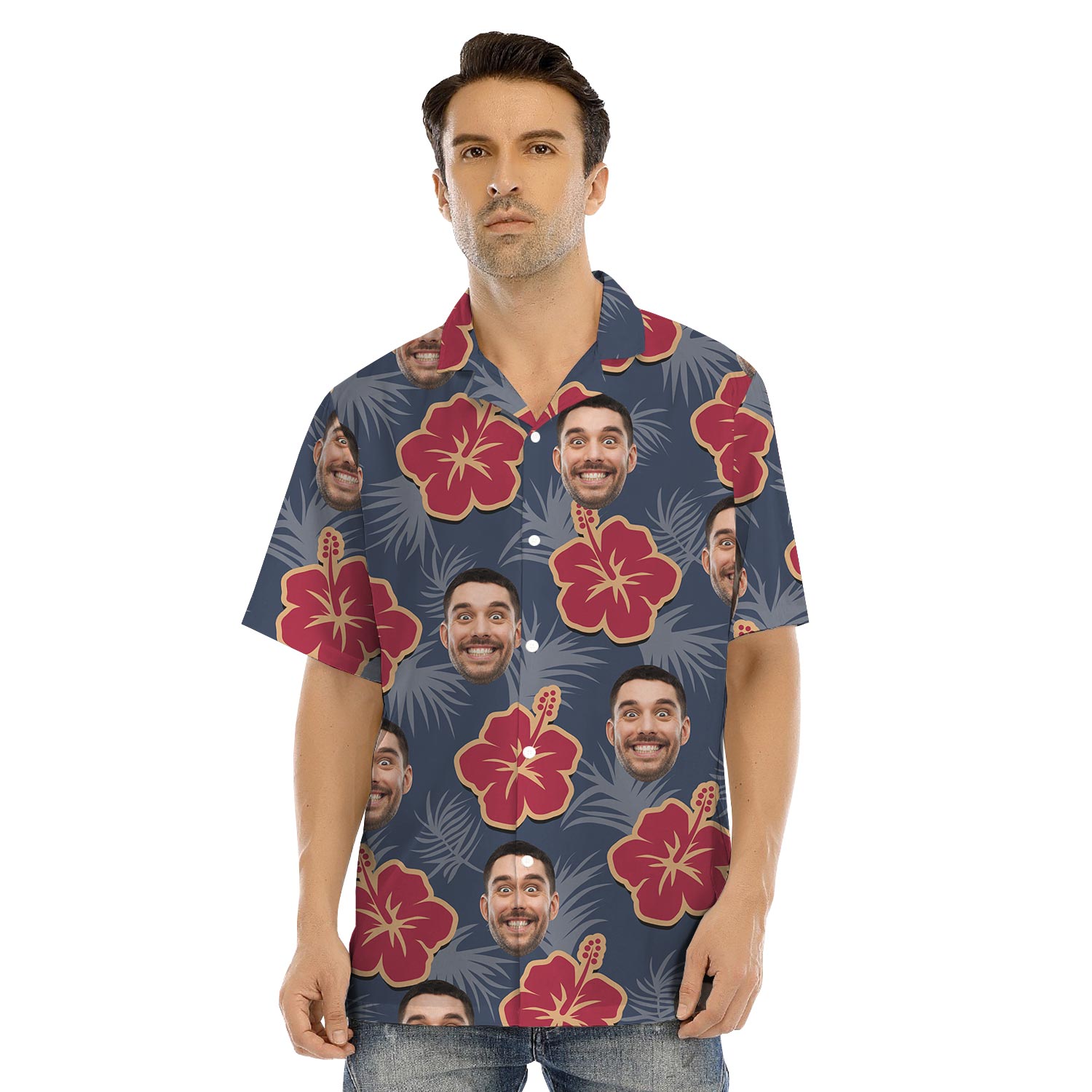 Custom Face Navy Hibiscus Hawaiian Shirt And Dress Matching For Family