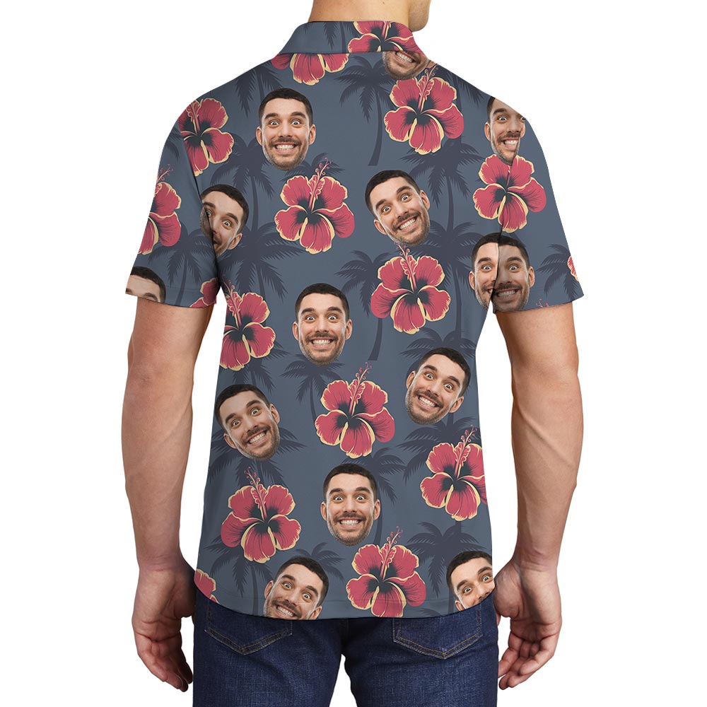 Navy Hibiscus Personalized Men's Polo Shirt With Faces