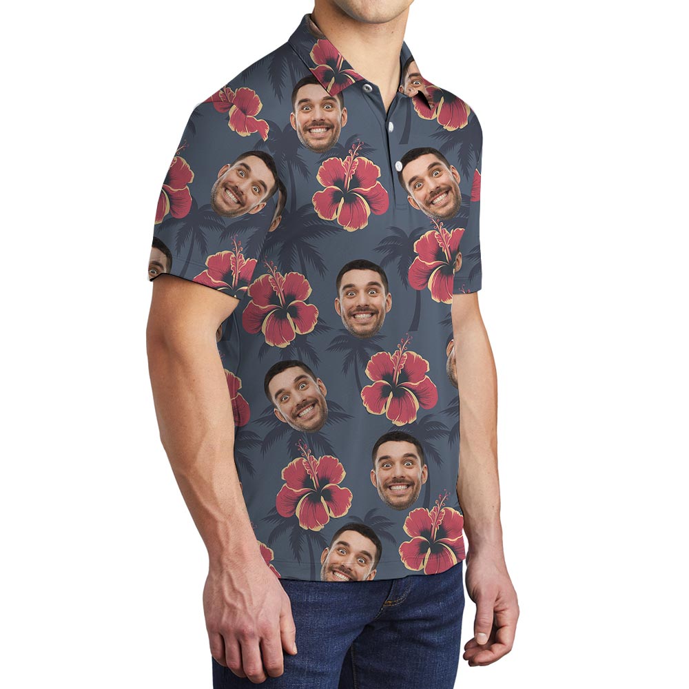 Navy Hibiscus Personalized Men's Polo Shirt With Faces
