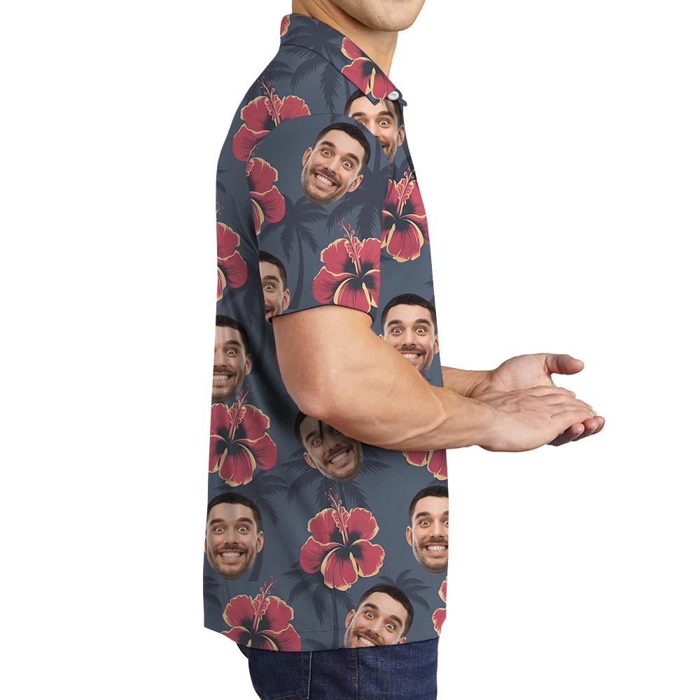 Navy Hibiscus Personalized Men's Polo Shirt With Faces