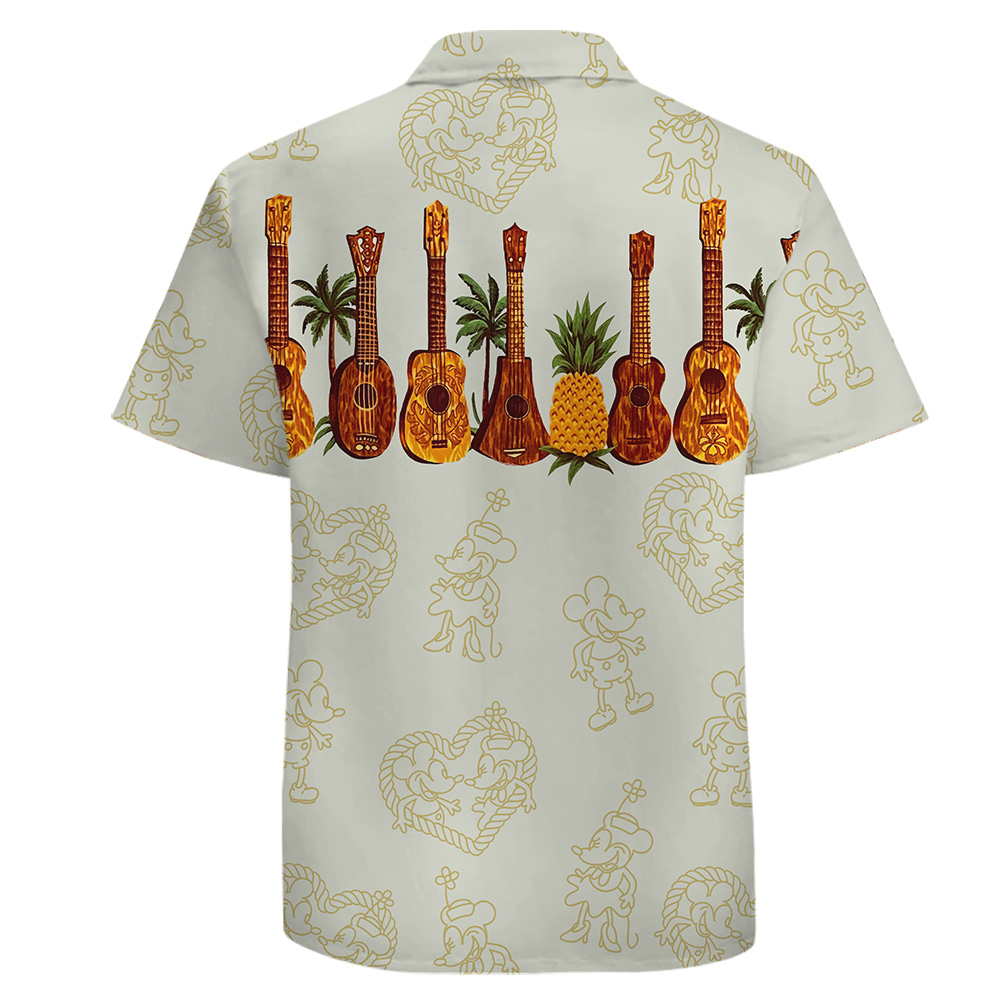 White Tropical Shirt for Men with Mickey 1928 and Guitar Theme