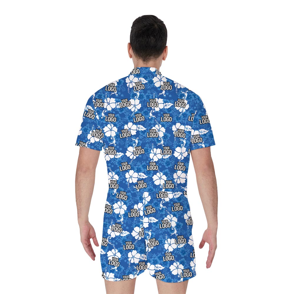 Blue Matching Mens Romper Hawaiian Print With Custom Logo