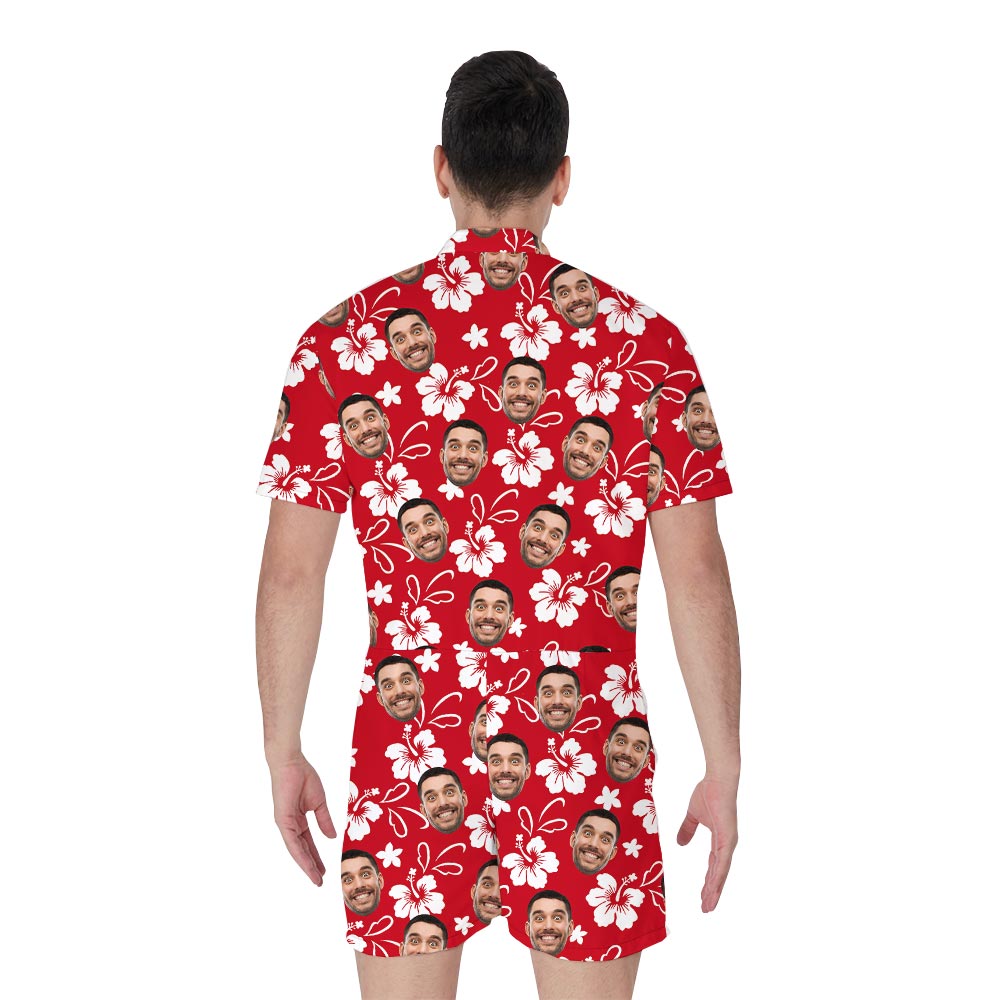 Red Customized Men's Romper With Hibiscus And Faces