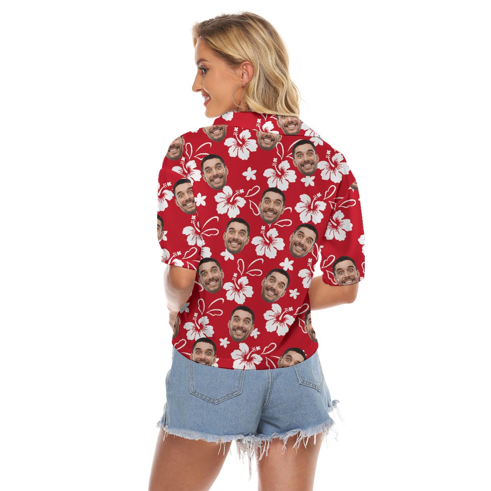Funny Faces On Women's Crop Top Red Hawaiian Shirt