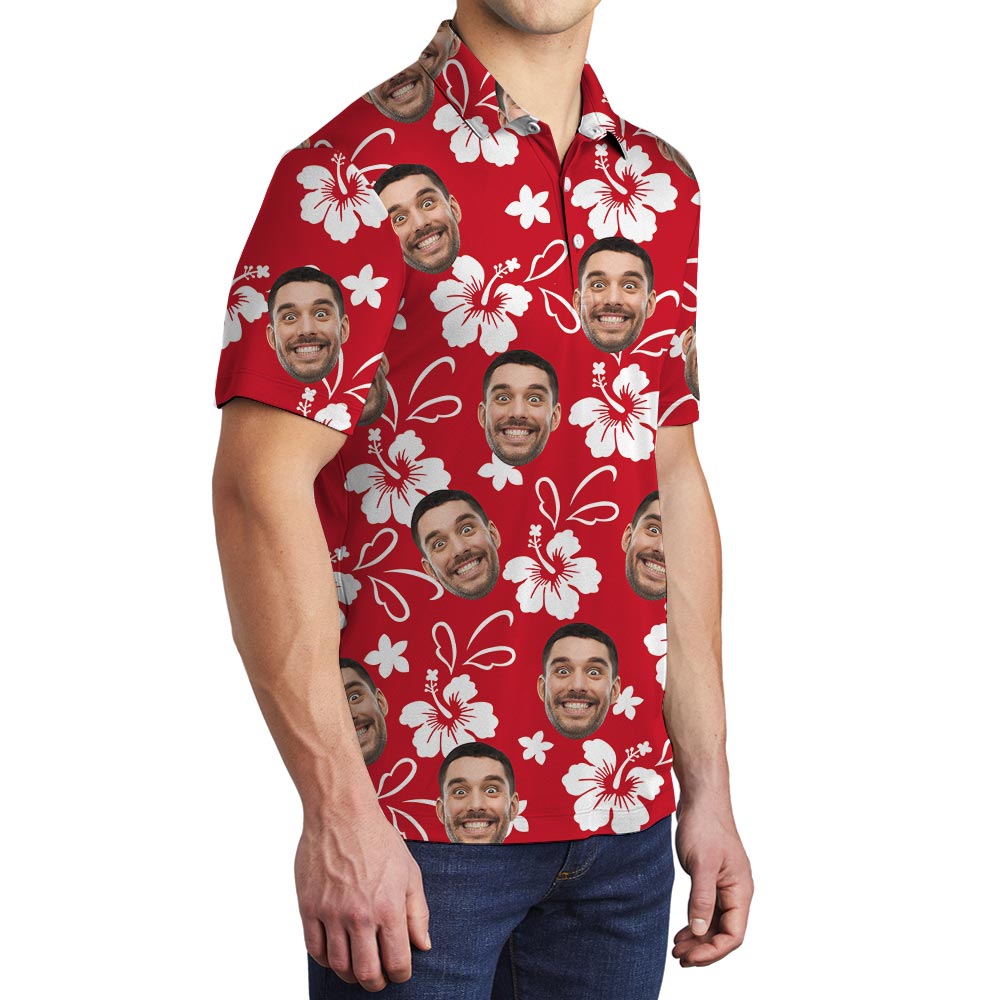 Red Floral Hawaiian Polo Golf Shirt For Men With Team Logo