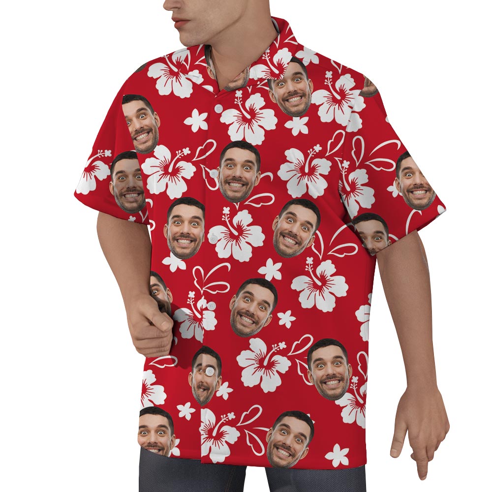 Red Hibiscus Personalized Hawaiian Men Shirt With Faces