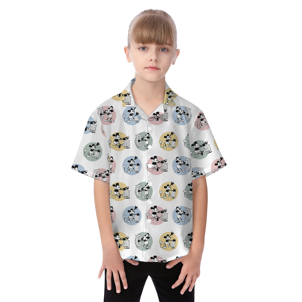Cute Mickey Steamboat Willie Matching Hawaiian Shirts And Dresses For Family