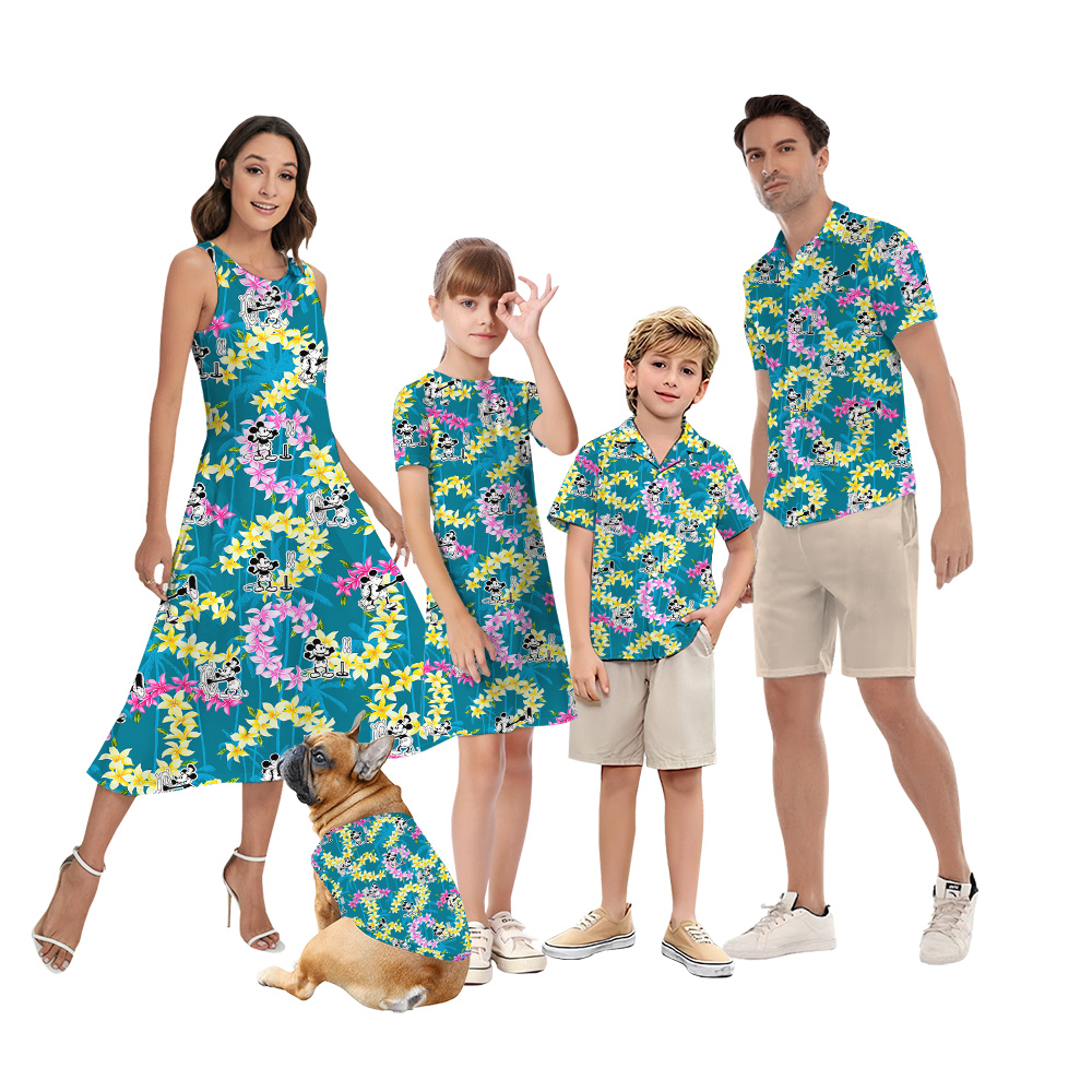 Steamboat Willie Mickey Vintage Floral Blue Matching Hawaiian Shirts And Dresses For Family - variant image 1