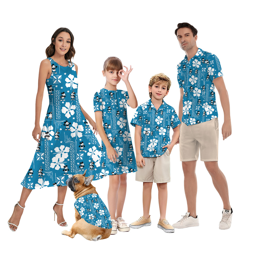 Vintage Hibiscus Steamboat Willie Mickey Blue Matching Family Hawaiian Outfits - variant image 1