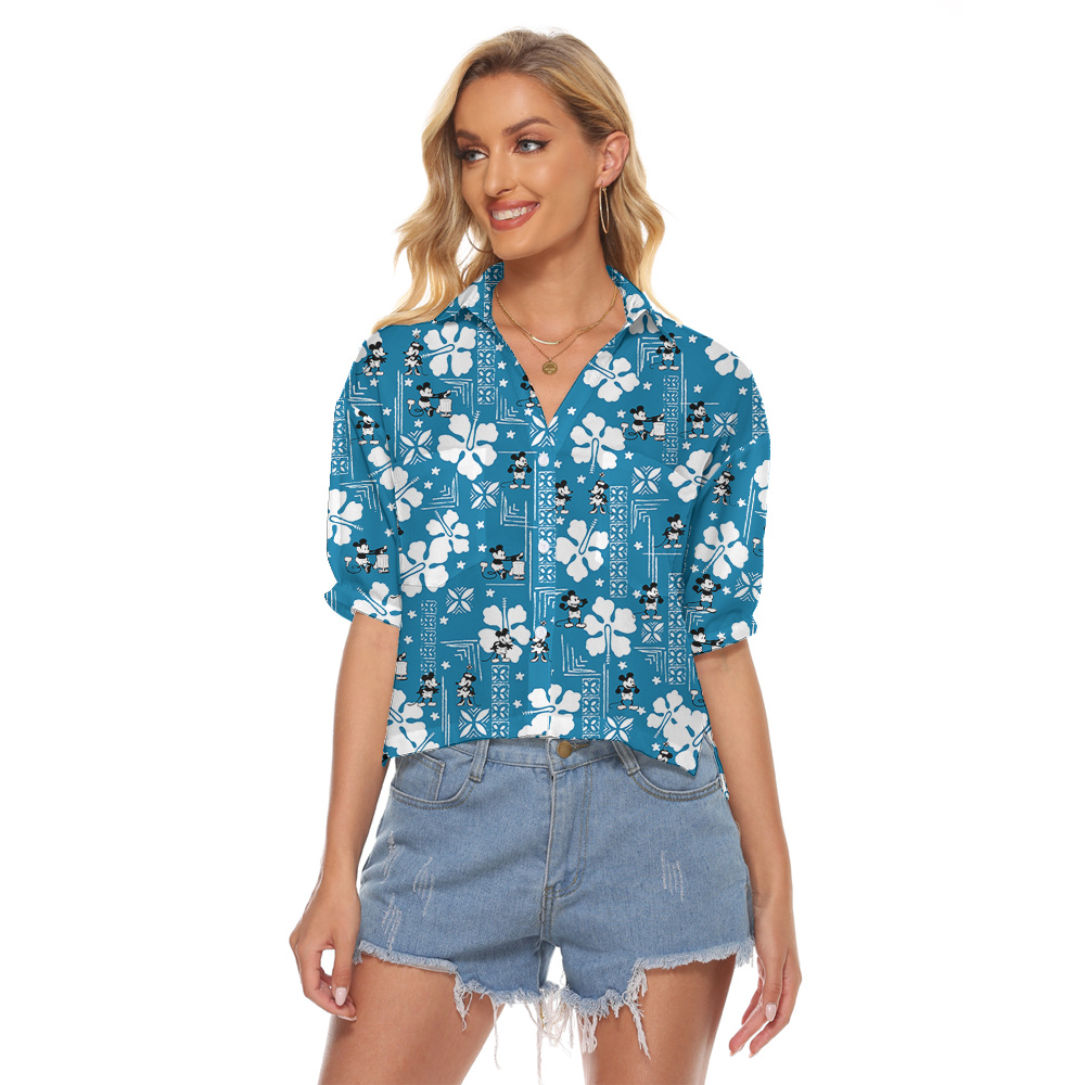 Funny Steamboat Willie Mickey Vintage Hibiscus Blue Women's Cropped Shirt - variant image 1