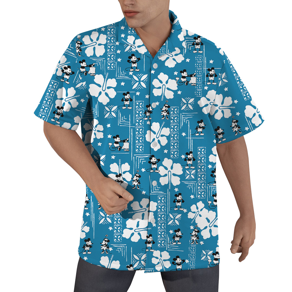 Vintage Hibiscus Steamboat Willie Mickey Blue Hawaiian Shirt - variant image 1