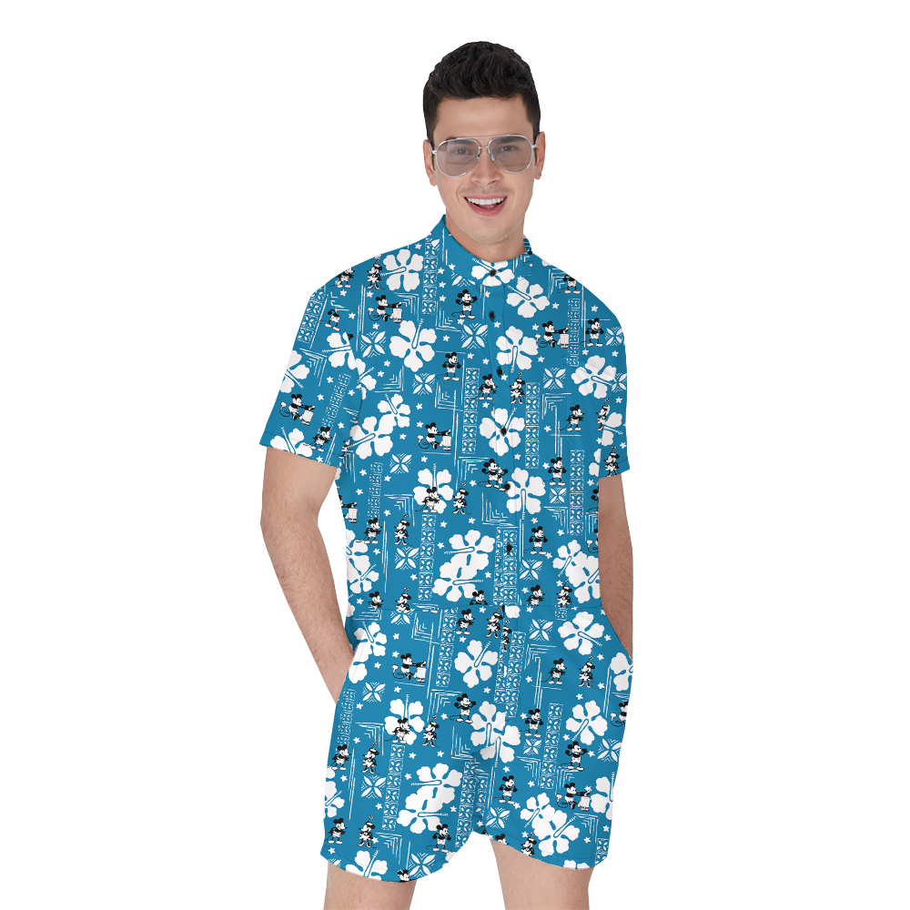 Steamboat Willie Mickey Mouse Vintage Hibiscus Blue Hawaiian Romper For Men - variant image 1