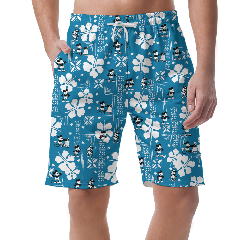 Cute Steamboat Willie Mickey Vintage Hibiscus Blue Hawaiian Summer Shorts For Men - variant image 1