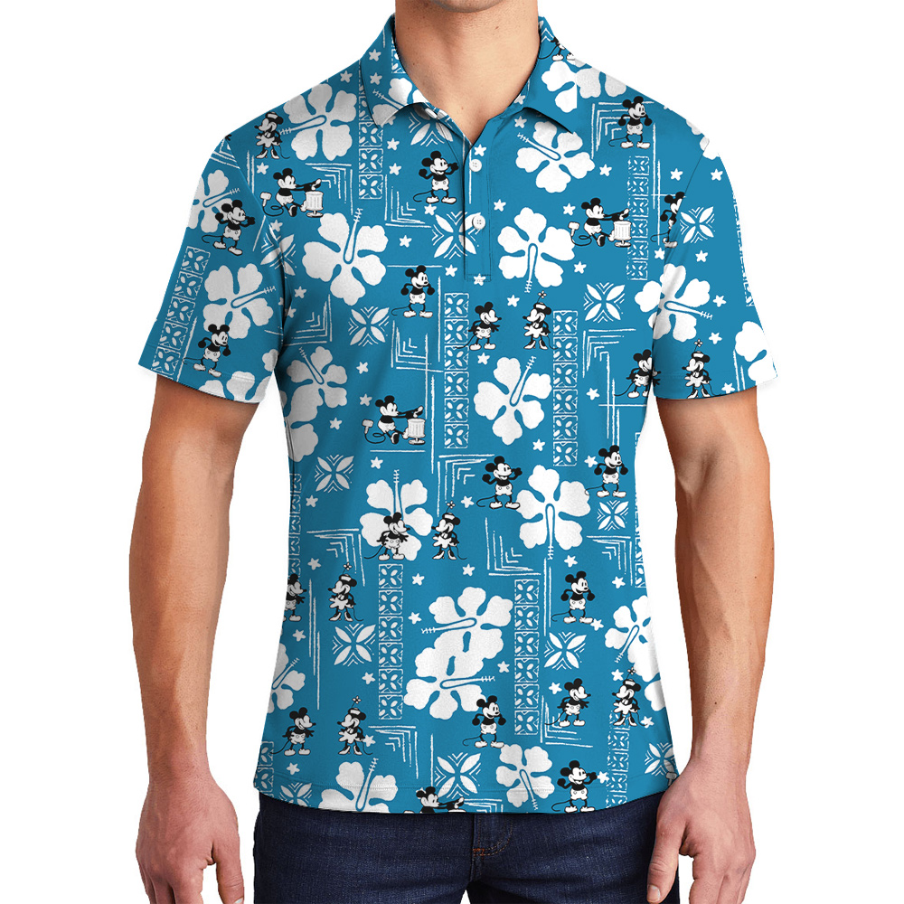 Vintage Steamboat Willie Mickey Mouse Hibiscus Blue Men's Hawaiian Polo Shirt - variant image 1