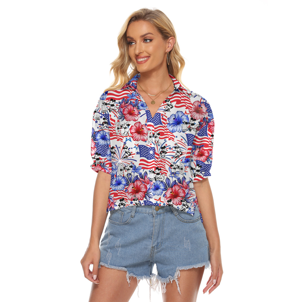 Patriotic Mickey Steamboat Willie American Flag Hawaiian Women's Cropped Shirt - variant image 1