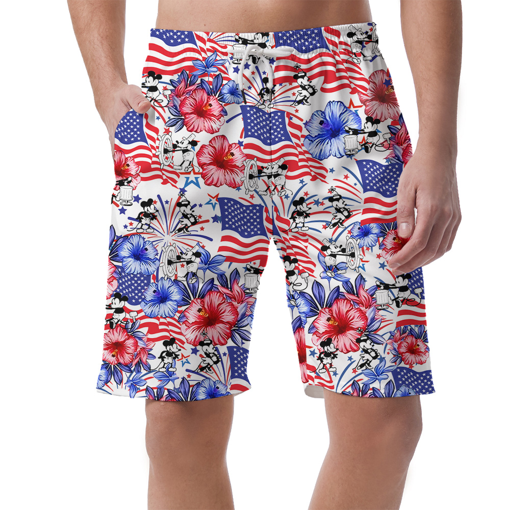 Cute Mickey Steamboat Willie Patriotic Floral Hawaiian Beach Shorts For Men - variant image 1