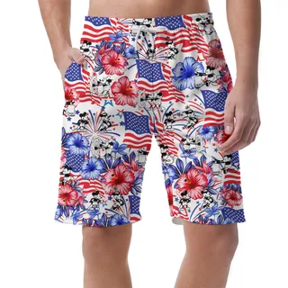 Cute Mickey Steamboat Willie Patriotic Floral Hawaiian Beach Shorts For Men