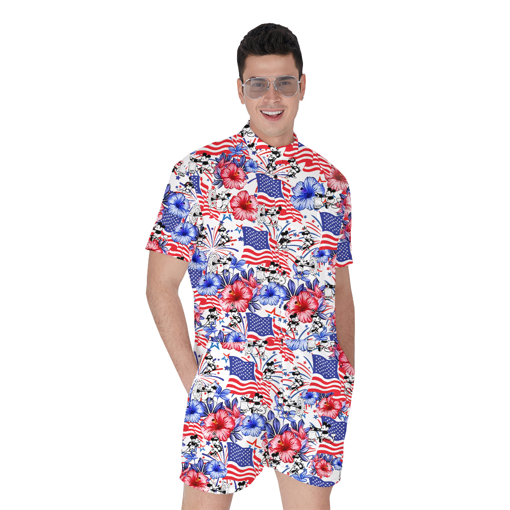 Patriotic Mickey Steamboat Willie American Flag Floral Hawaiian Romper For Men - variant image 1