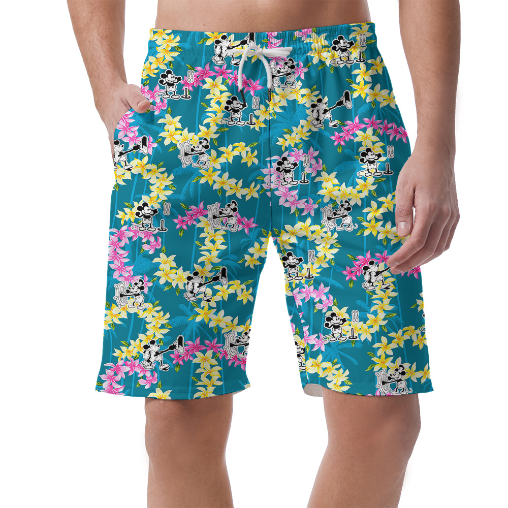 Vintage Steamboat Willie Mickey Floral Blue Men's Hawaiian Beach Shorts - variant image 1
