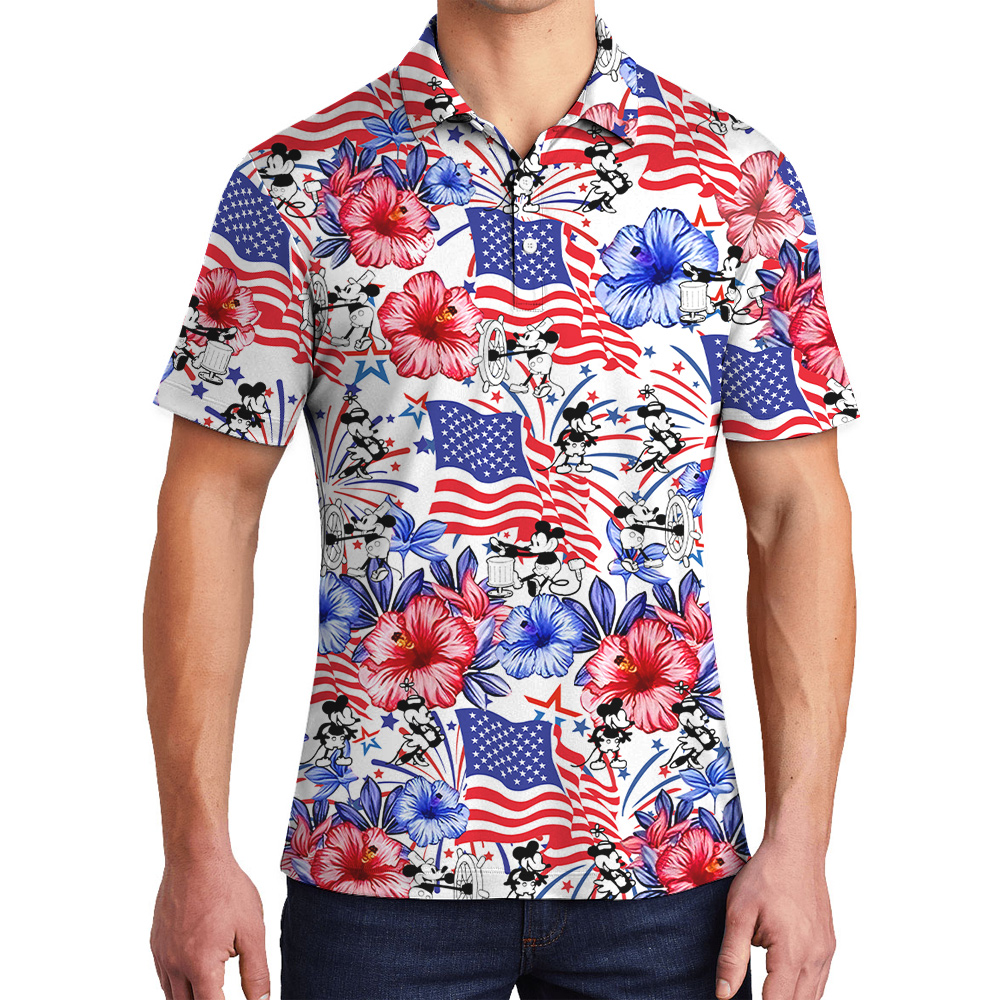 4th Of July Mickey Steamboat Willie American Flag Men's Hawaiian Polo Shirt - variant image 1