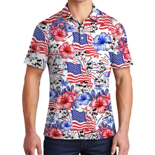 4th Of July Mickey Steamboat Willie American Flag Men's Hawaiian Polo Shirt