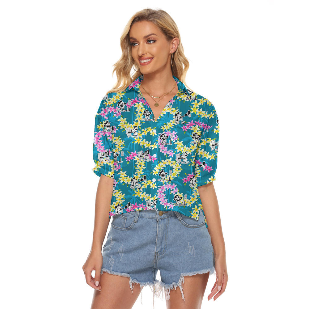 Steamboat Willie Mickey Mouse Vintage Floral Blue Hawaiian Cropped Shirt - variant image 1