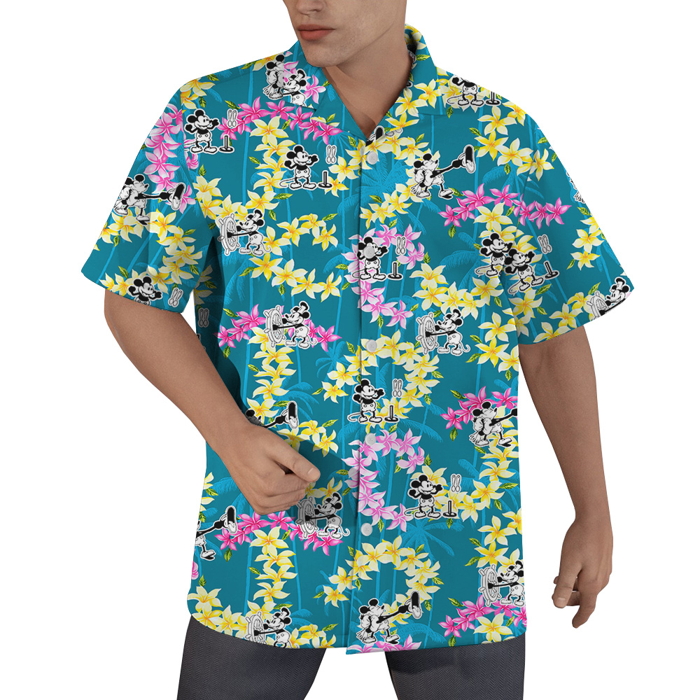Floral Palm Tree Mickey Steamboat Willie Vintage Blue Hawaiian Shirt - variant image 1
