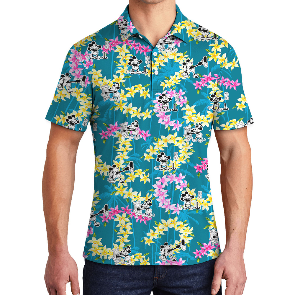 Funny Mickey Steamboat Willie Floral Palm Trees Men's Hawaiian Polo Shirt - variant image 1