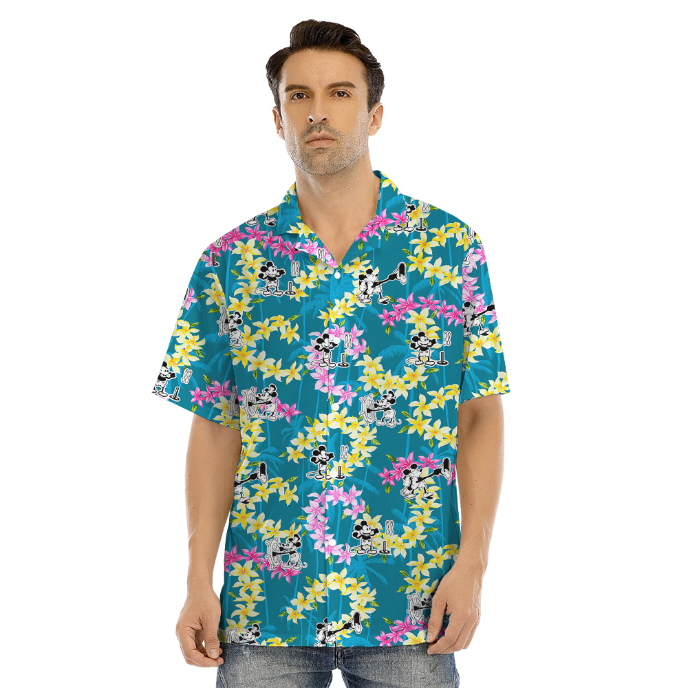 Steamboat Willie Mickey Vintage Floral Blue Matching Hawaiian Shirts And Dresses For Family