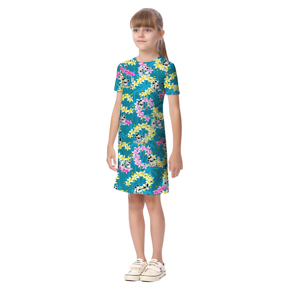 Steamboat Willie Mickey Vintage Floral Blue Matching Hawaiian Shirts And Dresses For Family