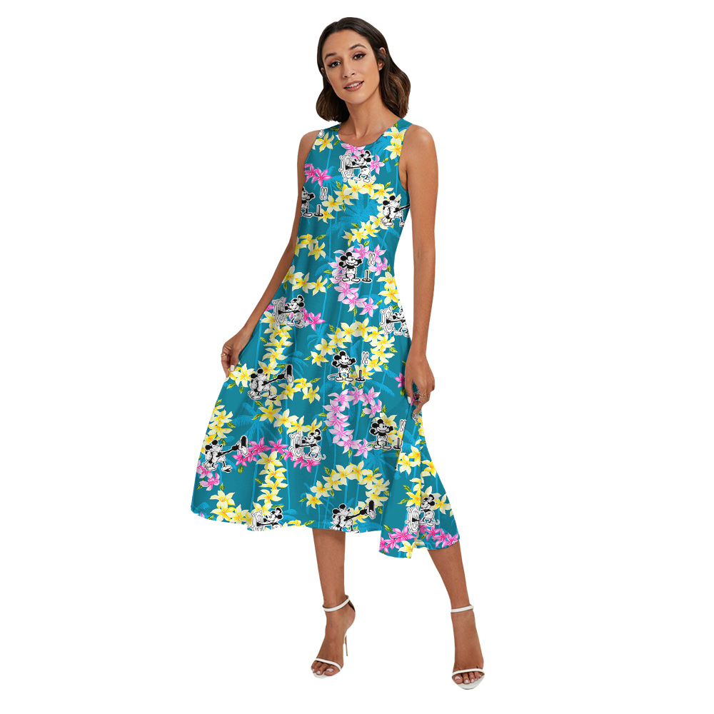 Steamboat Willie Mickey Vintage Floral Blue Matching Hawaiian Shirts And Dresses For Family