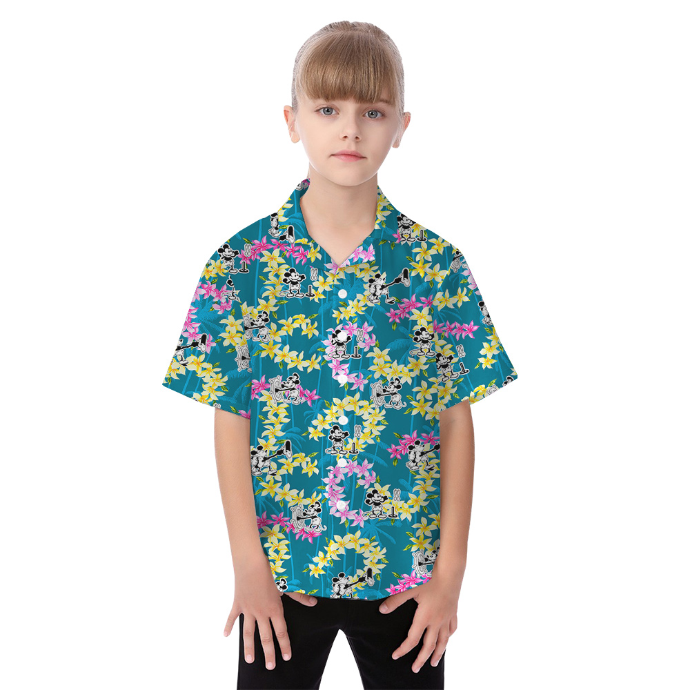 Steamboat Willie Mickey Vintage Floral Blue Matching Hawaiian Shirts And Dresses For Family