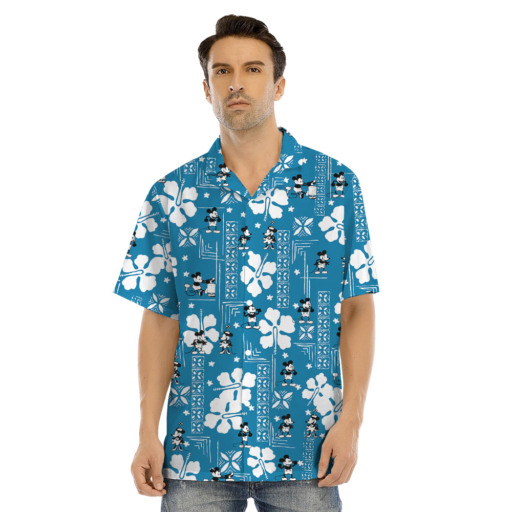 Vintage Hibiscus Steamboat Willie Mickey Blue Matching Family Hawaiian Outfits