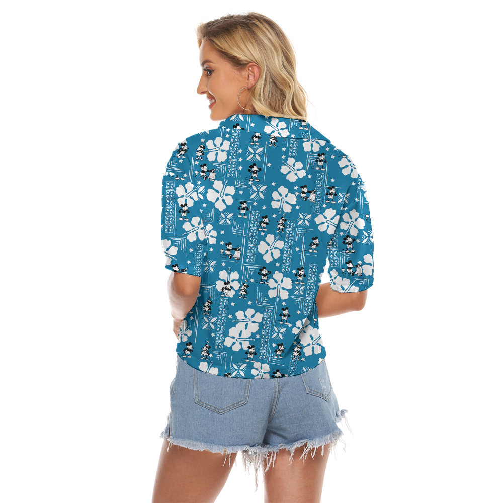 Funny Steamboat Willie Mickey Vintage Hibiscus Blue Women's Cropped Shirt