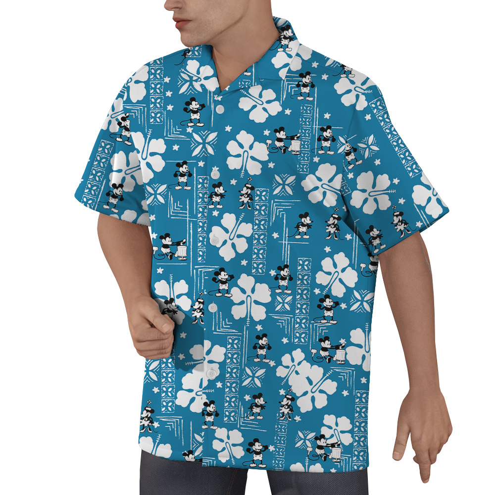 Vintage Hibiscus Steamboat Willie Mickey Blue Hawaiian Shirt