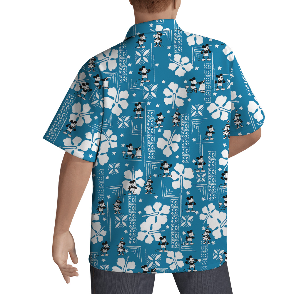 Vintage Hibiscus Steamboat Willie Mickey Blue Hawaiian Shirt