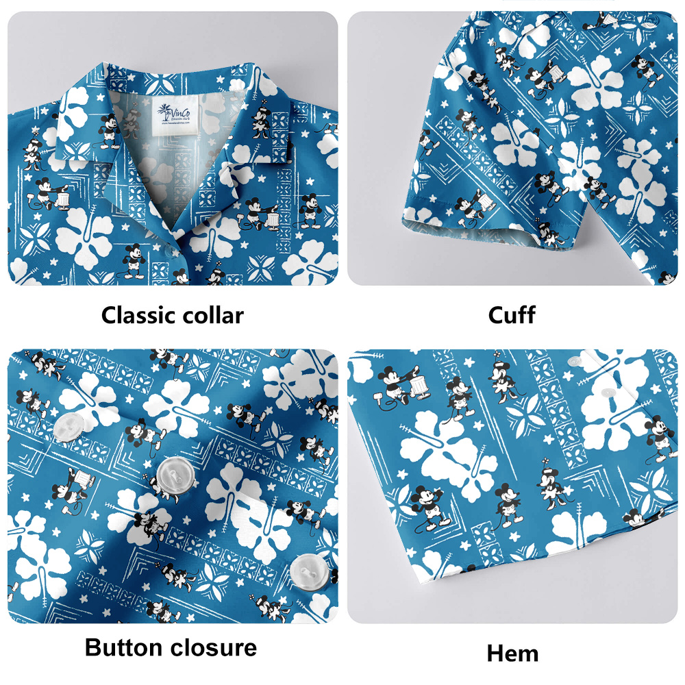 Vintage Hibiscus Steamboat Willie Mickey Blue Hawaiian Shirt