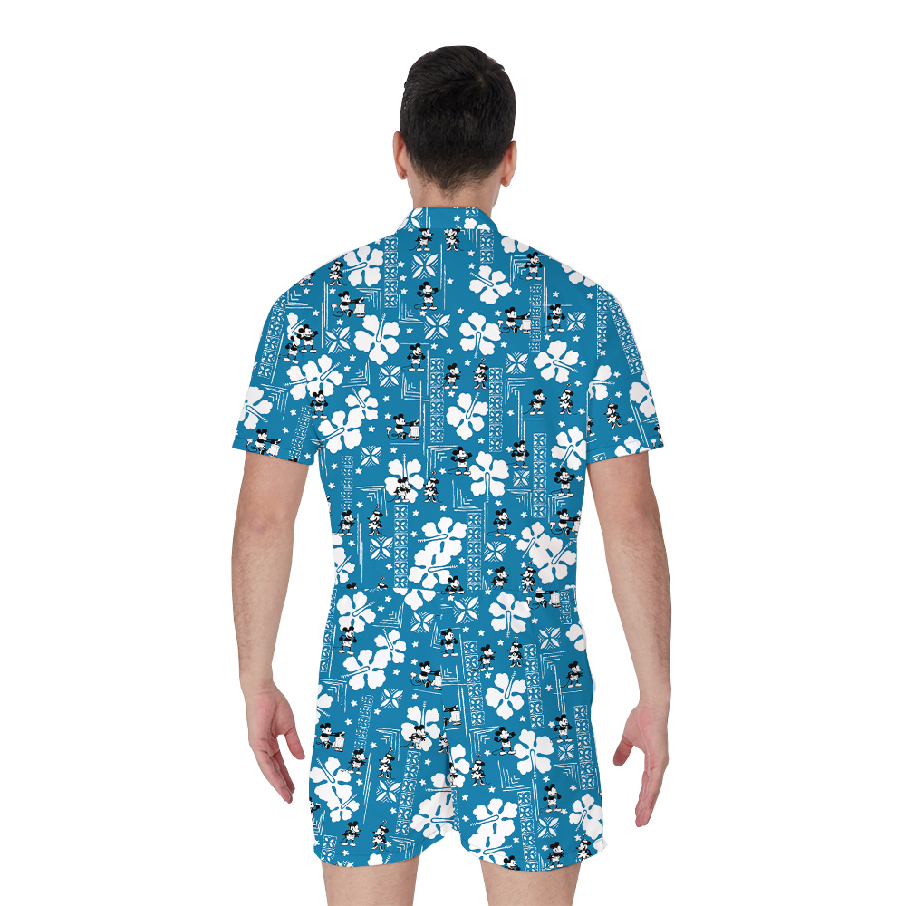 Steamboat Willie Mickey Mouse Vintage Hibiscus Blue Hawaiian Romper For Men