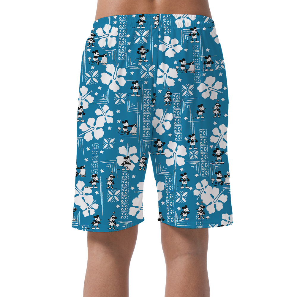 Cute Steamboat Willie Mickey Vintage Hibiscus Blue Hawaiian Summer Shorts For Men