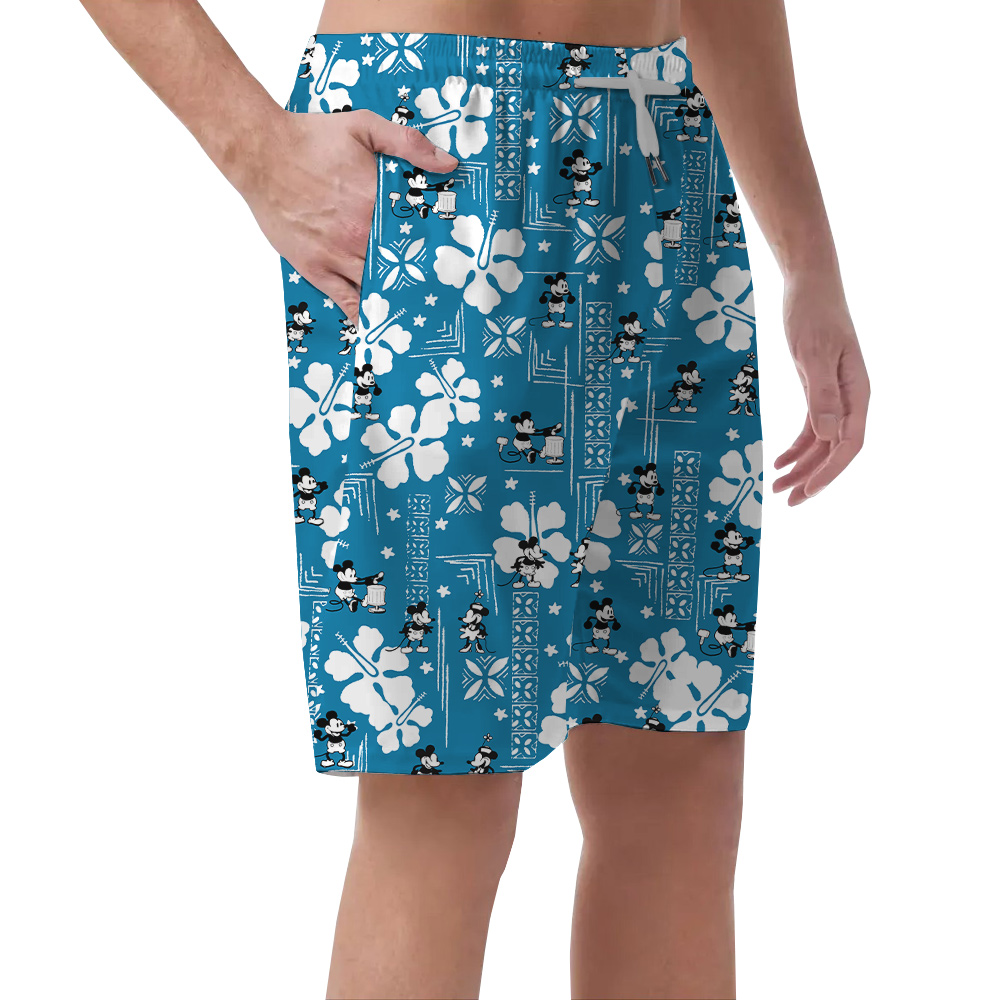 Cute Steamboat Willie Mickey Vintage Hibiscus Blue Hawaiian Summer Shorts For Men