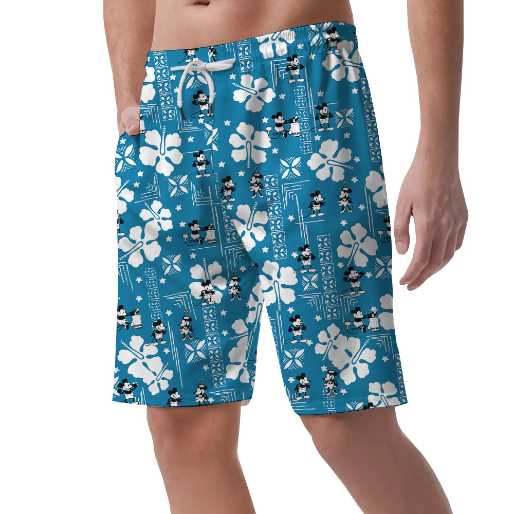 Cute Steamboat Willie Mickey Vintage Hibiscus Blue Hawaiian Summer Shorts For Men