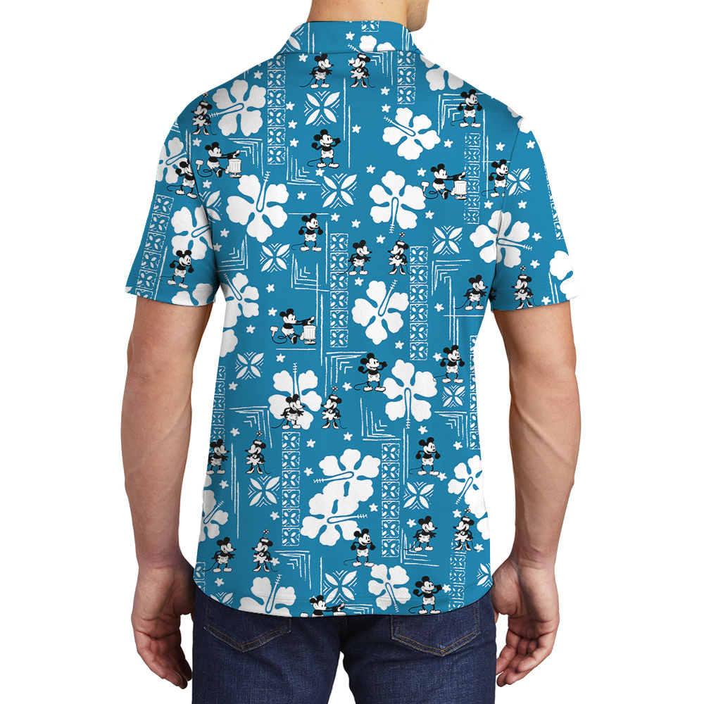 Vintage Steamboat Willie Mickey Mouse Hibiscus Blue Men's Hawaiian Polo Shirt