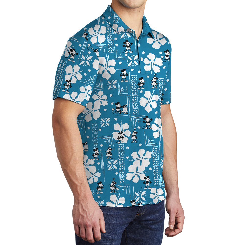 Vintage Steamboat Willie Mickey Mouse Hibiscus Blue Men's Hawaiian Polo Shirt
