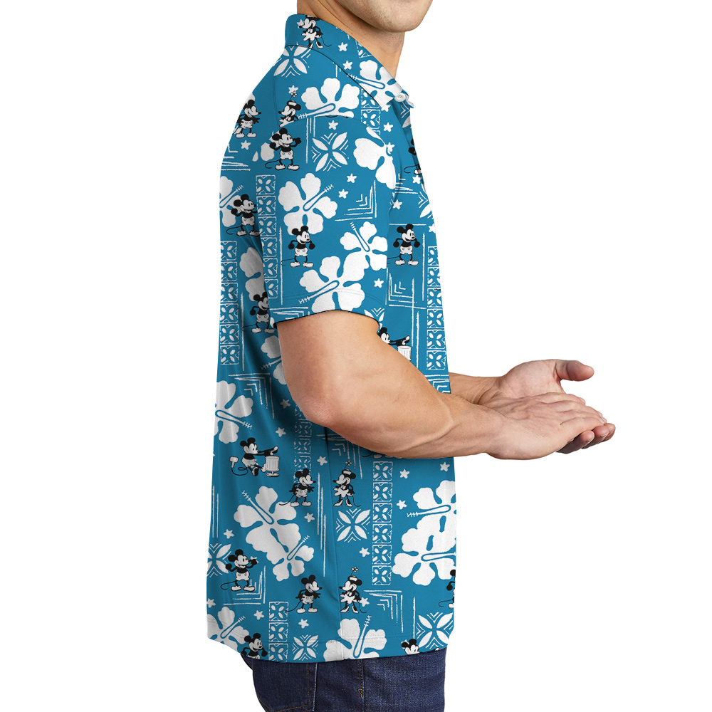 Vintage Steamboat Willie Mickey Mouse Hibiscus Blue Men's Hawaiian Polo Shirt